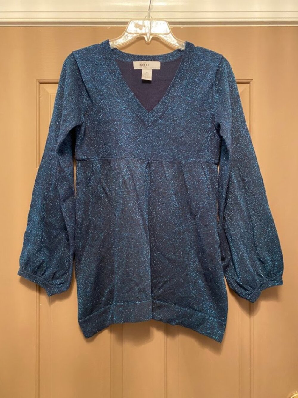KIKIT Blue Metallic Shimmer Puff Sleeve Tunic Top size Medium
